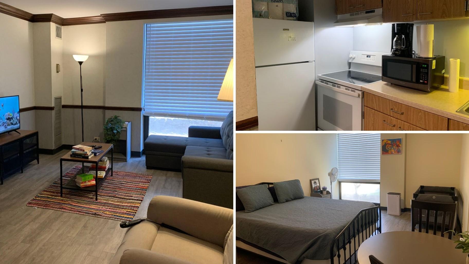 Guest House’s 47 fully furnished apartments are contained within several floors of a student residence hall that the nonprofit leases from the University of Illinois Chicago. (Eunice Alpasan / WTTW News)