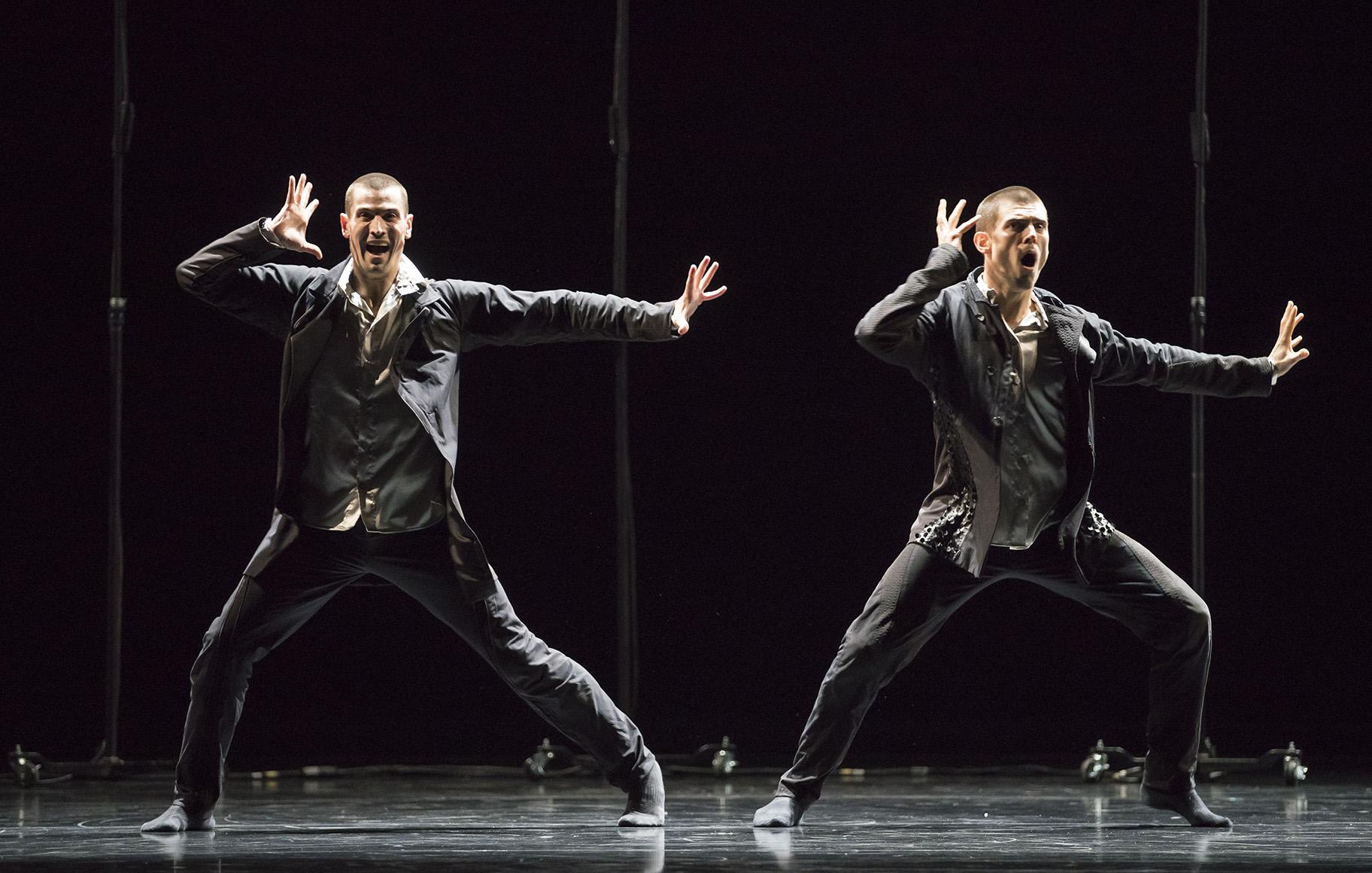 Hubbard Street Dancers Michael Gross and Andrew Murdock in “The Other You” by Crystal Pite. (Photo by Todd Rosenberg)