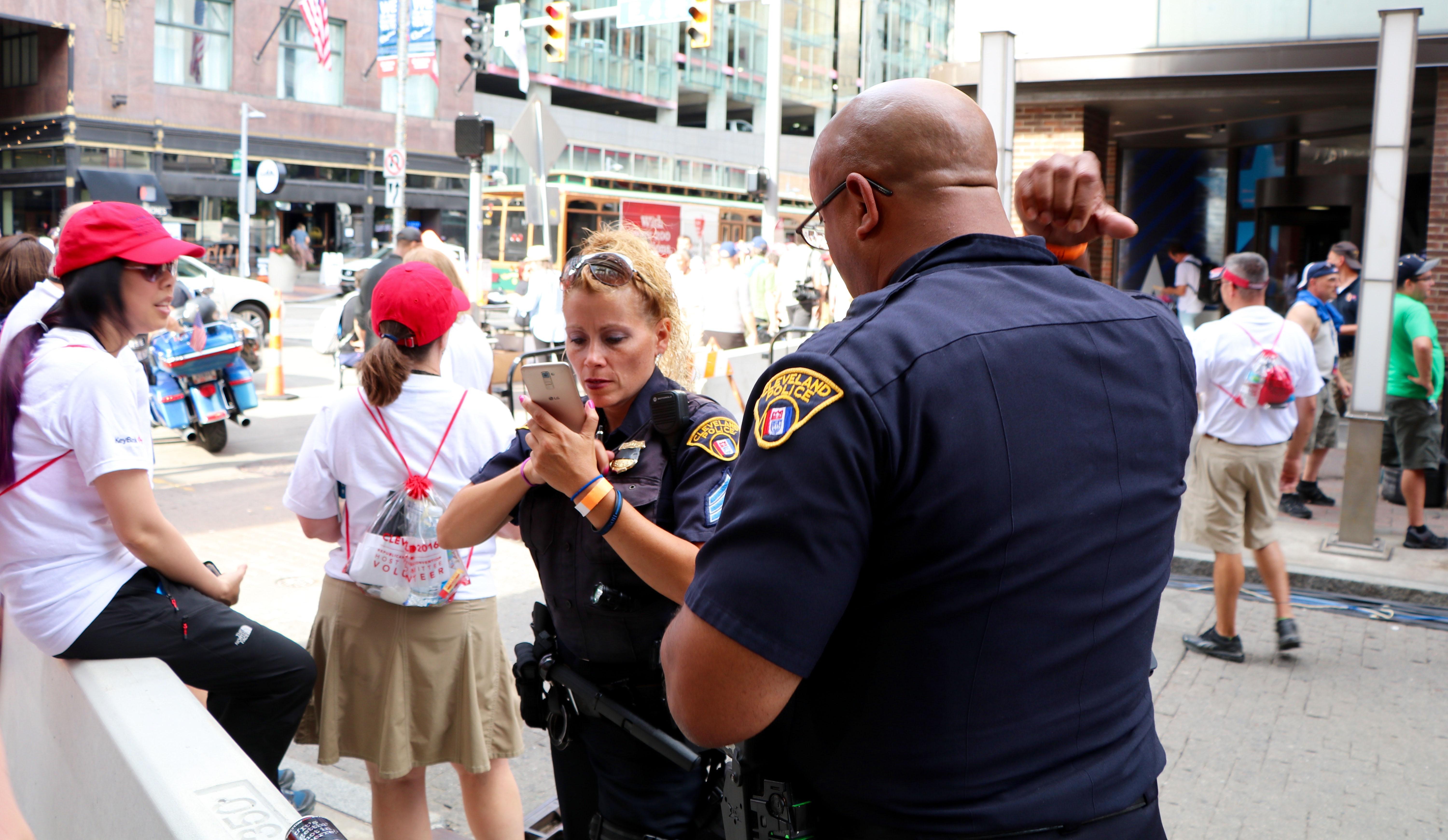 Cleveland police officers outside of the Quicken Loans Arena. (Evan Garcia)