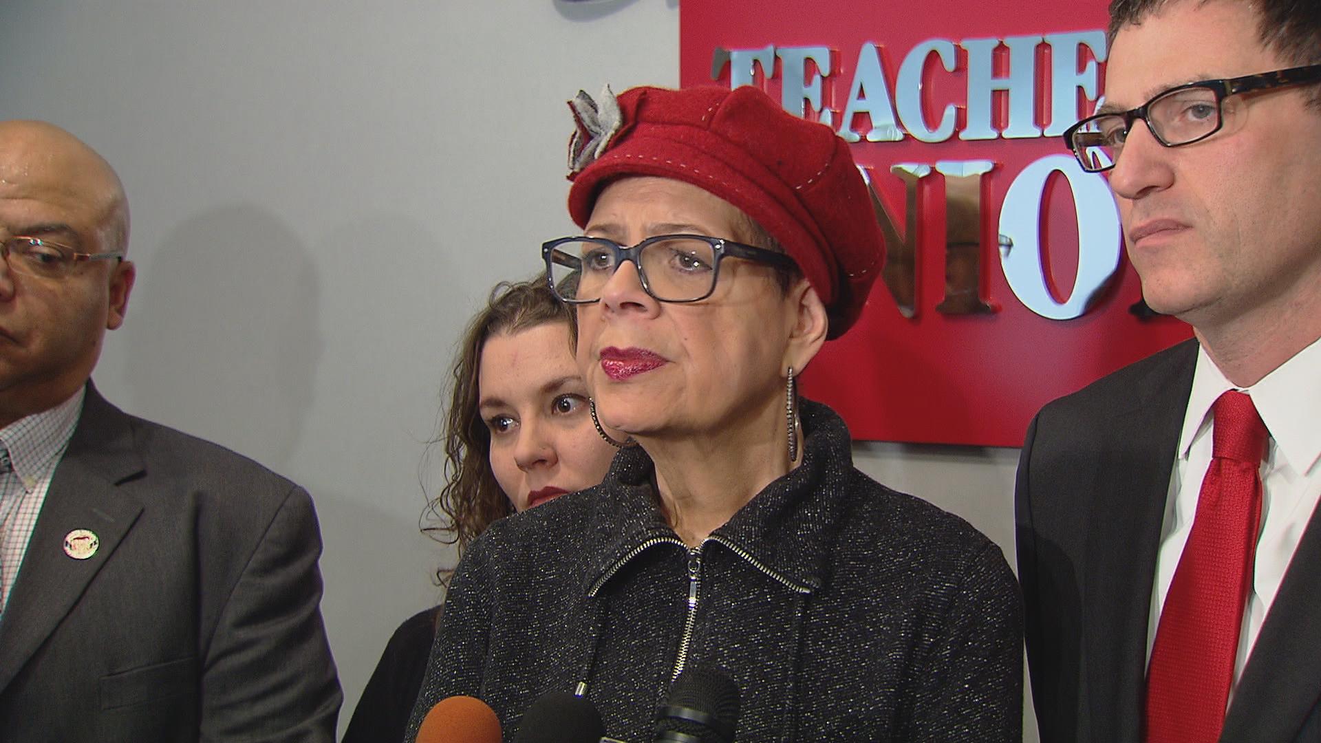 Karen Lewis on Jan. 20 responds to a proposal by Gov. Bruce Rauner and Republican leaders for a state takeover of CPS.