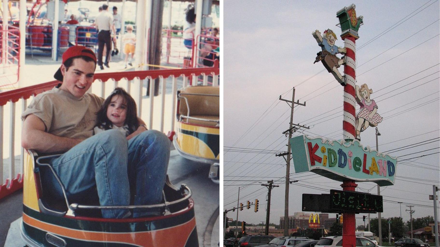 Left: WTTW News reporter Marc Vitali at Kiddieland Amusement Park in 1993. (Provided) Right: The Kiddieland sign in 2009. (Jeremy Thompson)