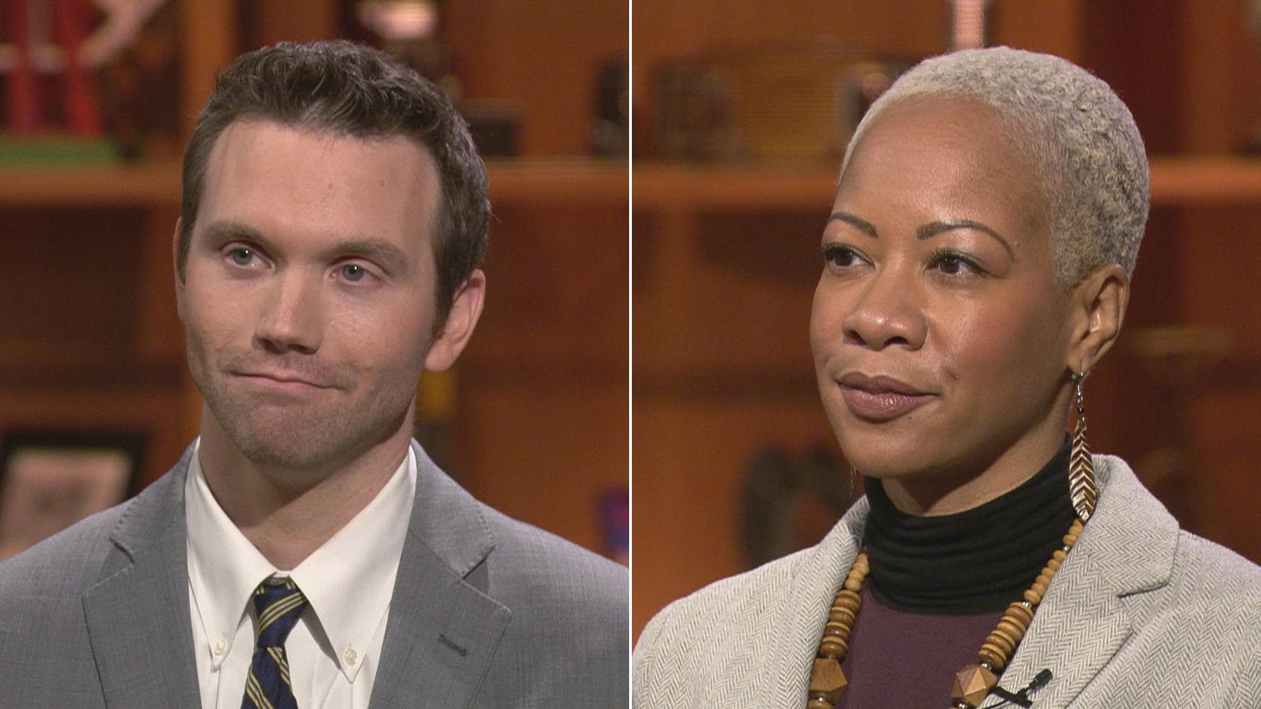Former Lincoln Park High School interim Principal John Thuet and the former assistant Principal Michelle Brumfield appear on “Chicago Tonight” on Feb. 27, 2020. (WTTW News)