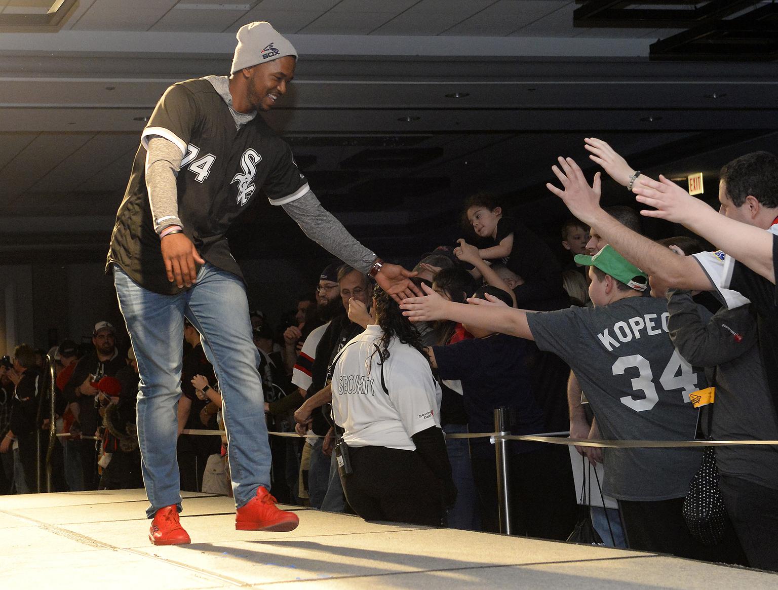 Eloy Jimenez greets fans at SoxFest in January. (Ron Vesely / Chicago White Sox)