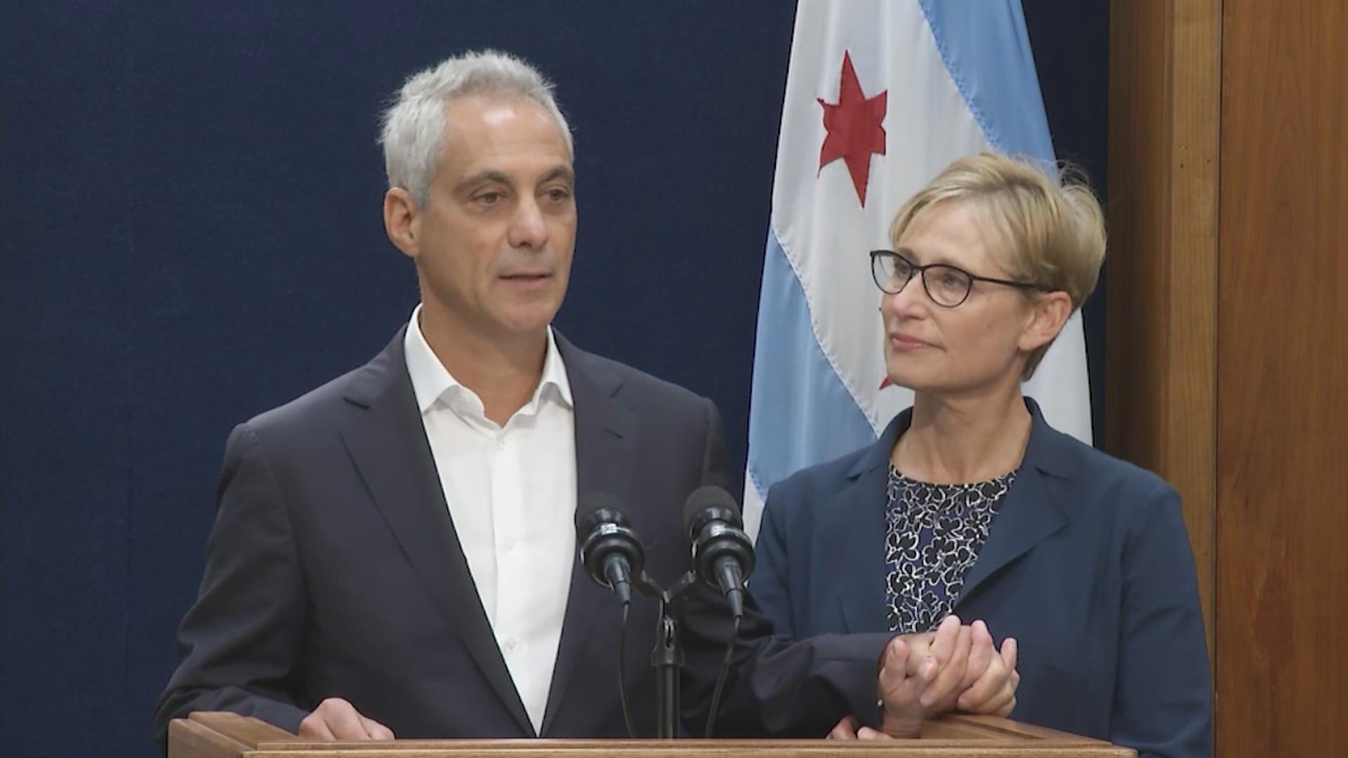 “Now with our three children in college, Amy and I have decided it is time to write another chapter together,” Mayor Rahm Emanuel said Sept. 4, 2018 with his wife Amy Rule by his side as he announced he would not seek reelection. (WTTW News)