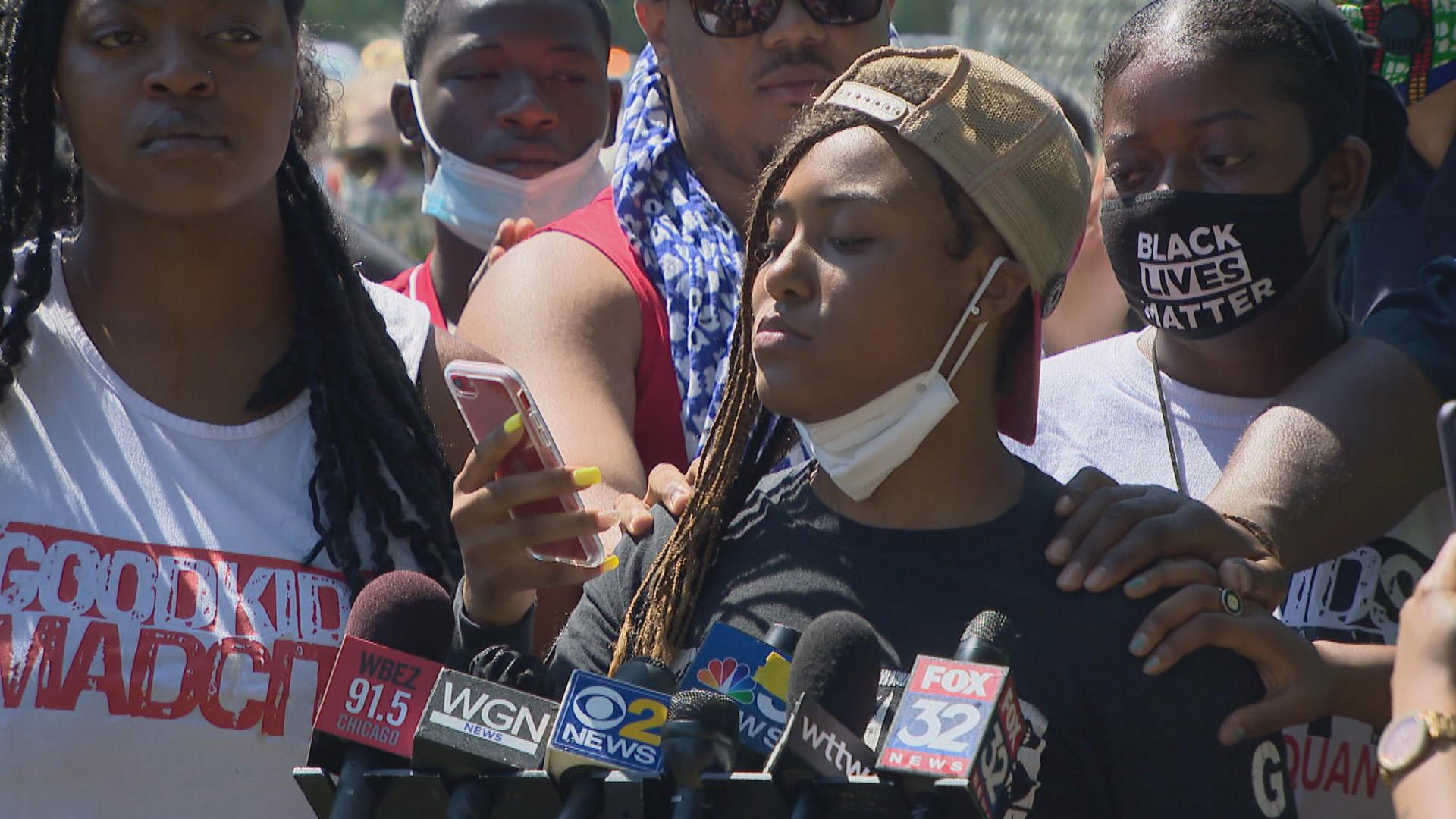 Miracle Boyd reads a statement from her phone at a press conference Monday, July 20, 2020. (WTTW News)
