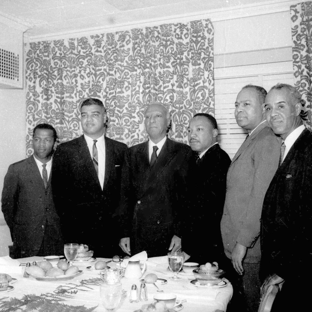 In this July 2, 1963, file photo, six leaders of the nation's largest black civil rights organizations pose at the Roosevelt Hotel in New York. From left, are: John Lewis, chairman Student Non-Violence Coordinating Committee; Whitney Young, national director, Urban League; A. Philip Randolph, president of the Negro American Labor Council; Martin Luther King Jr., president Southern Christian Leadership Conference; James Farmer, Congress of Racial Equality director; and Roy Wilkins, executive secretary, Natio