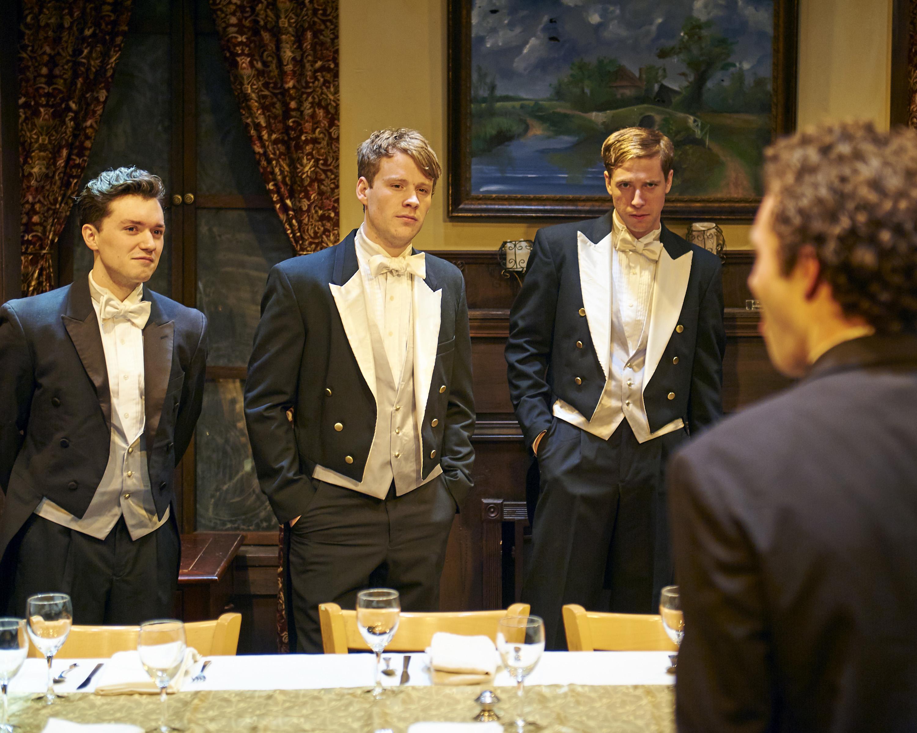 From left: Matthew Garry, Dash Barber, Michael Holding and Sean Wiberg in "Posh" at Steep Theatre. (Lee Miller)