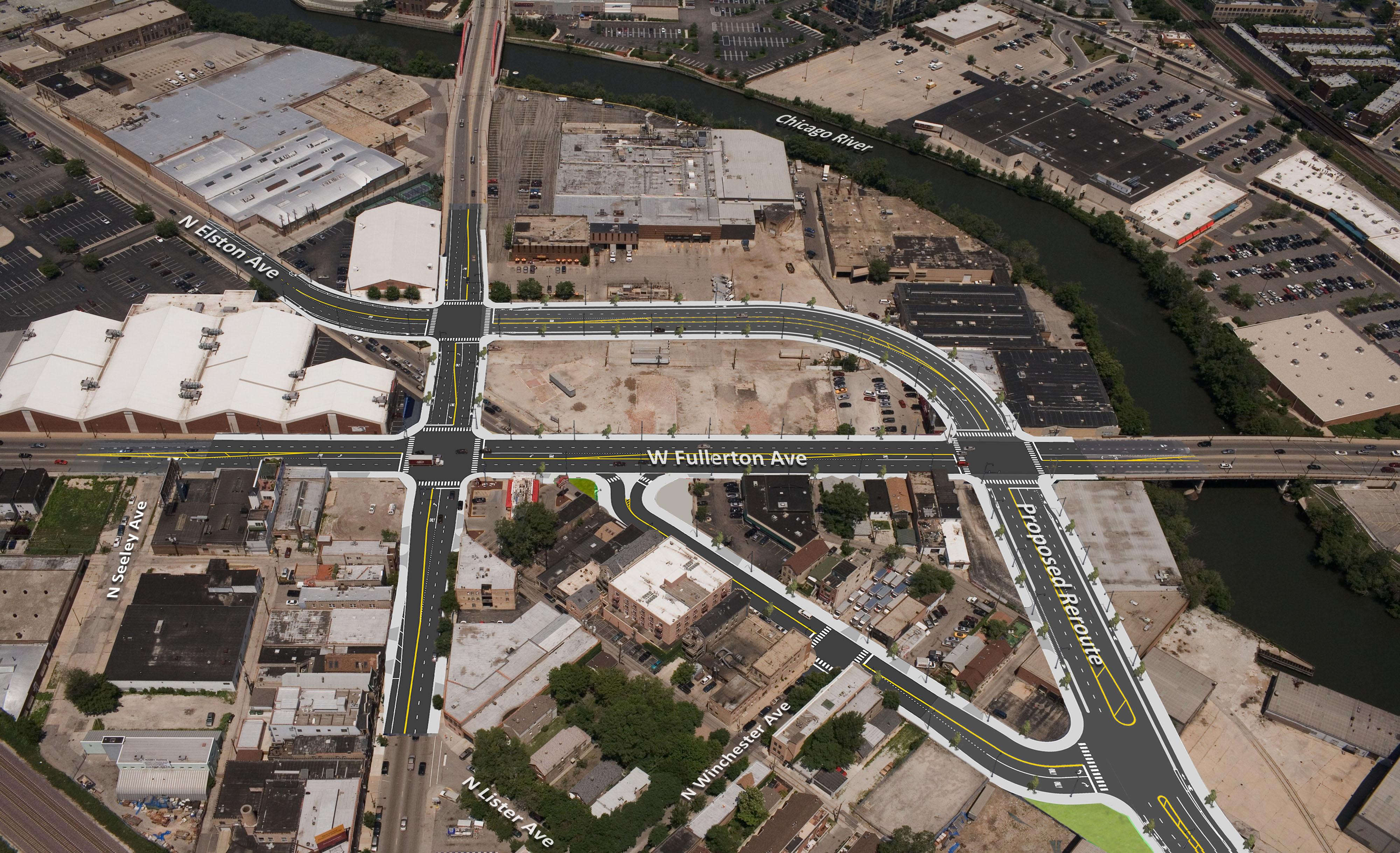 A bird’s eye view of the proposed reroute of Elston Avenue. (Credit: Chicago Department of Transportation)