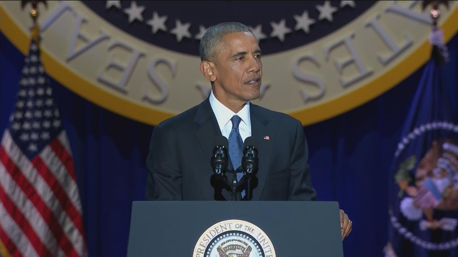 Former President Barack Obama delivers his farewell address in Chicago on Jan. 10, 2017.