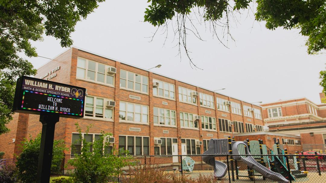 William H. Ryder Math and Science Specialty School, 8716 S. Wallace St., has a 100% vaccination rate for the past school year. (Michael Izquierdo / WTTW News) 