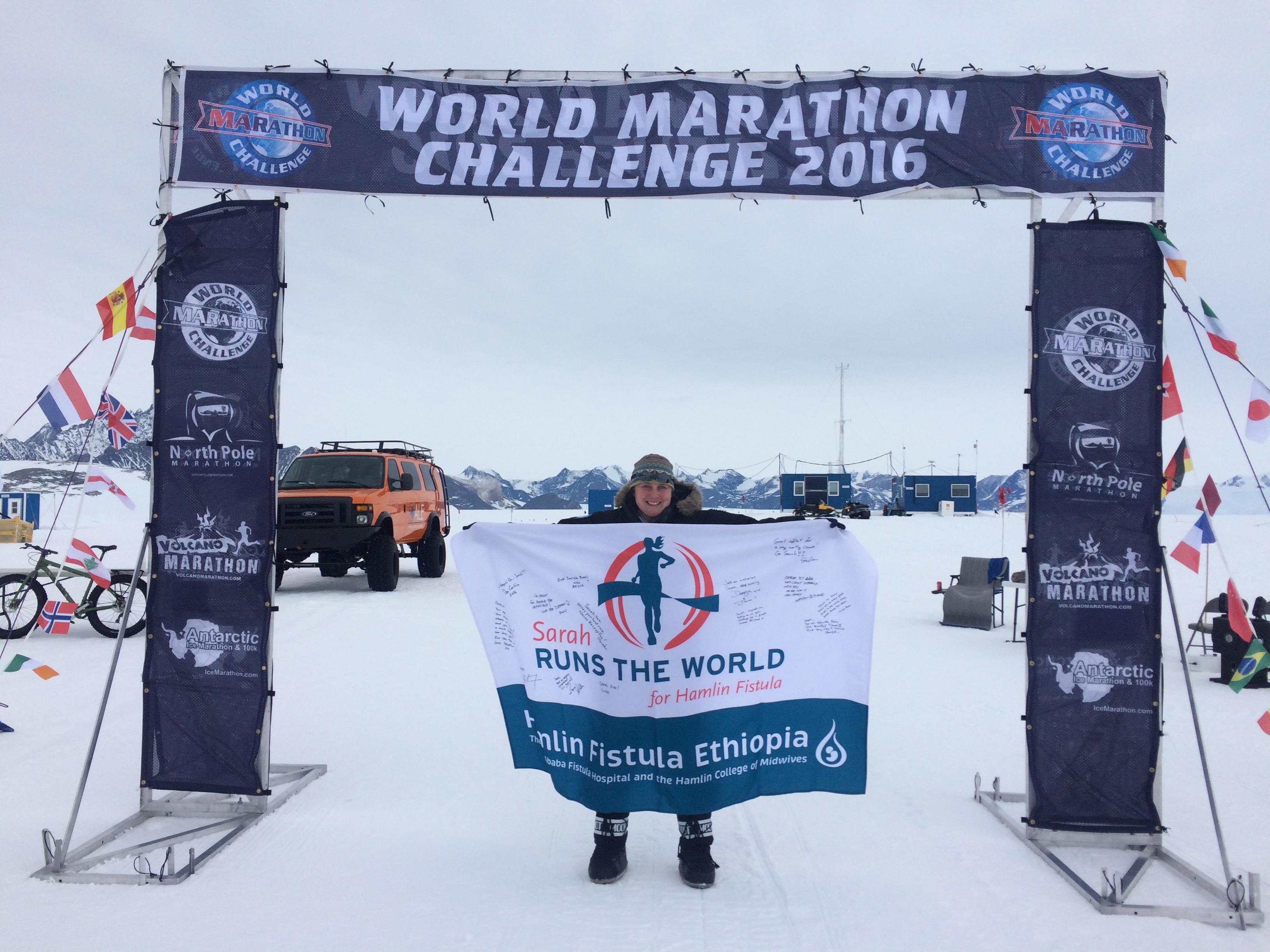 Sarah Ames at the finish line in Antarctica. (Courtesy of Sarah Ames)