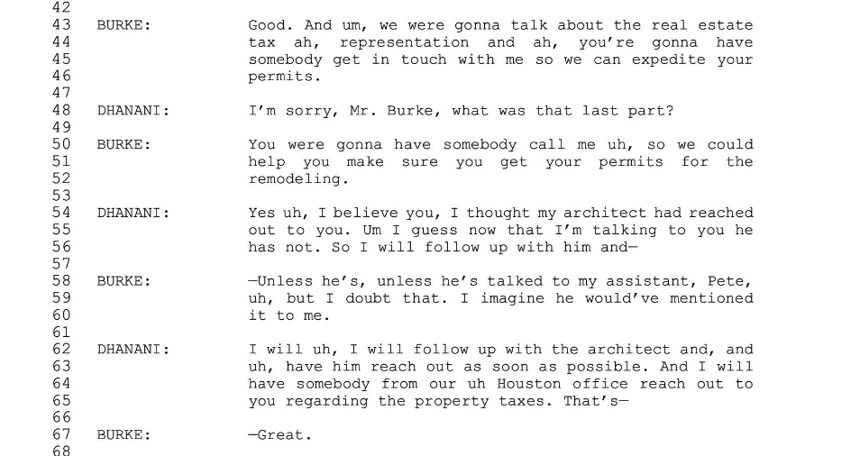 A portion of a transcript showing the phone conversation between Ed Burke and Zohaib Dhanani on June 27, 2017. (U.S. Attorney’s Office)