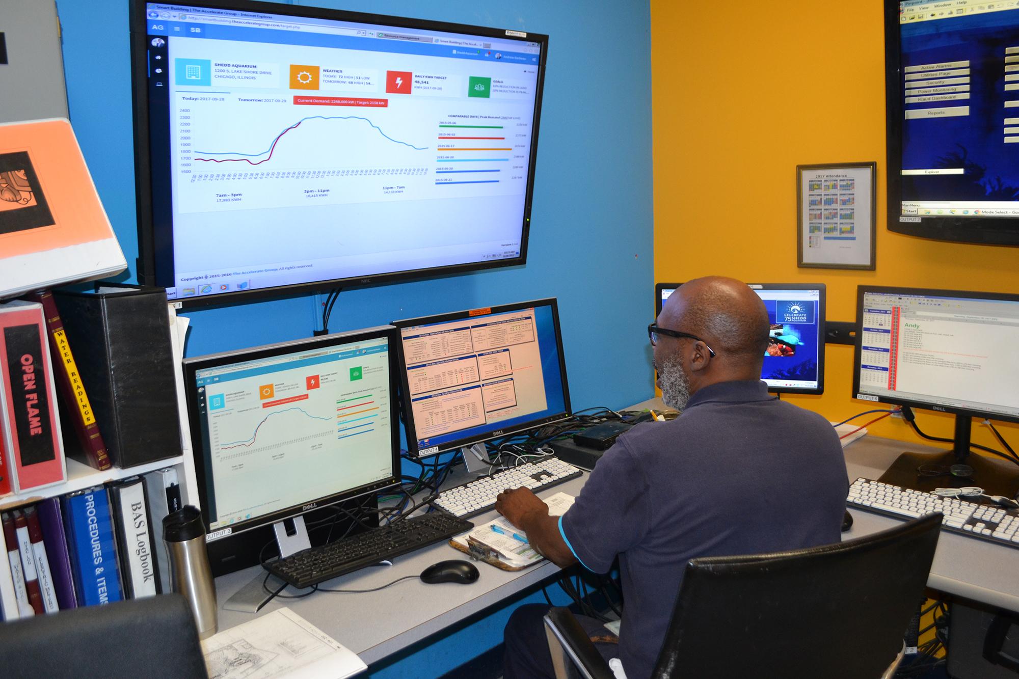 Maurice Smith tracks Shedd Aquarium's energy usage from a control room in the building's basement. (Photos by Alex Ruppenthal / Chicago Tonight)