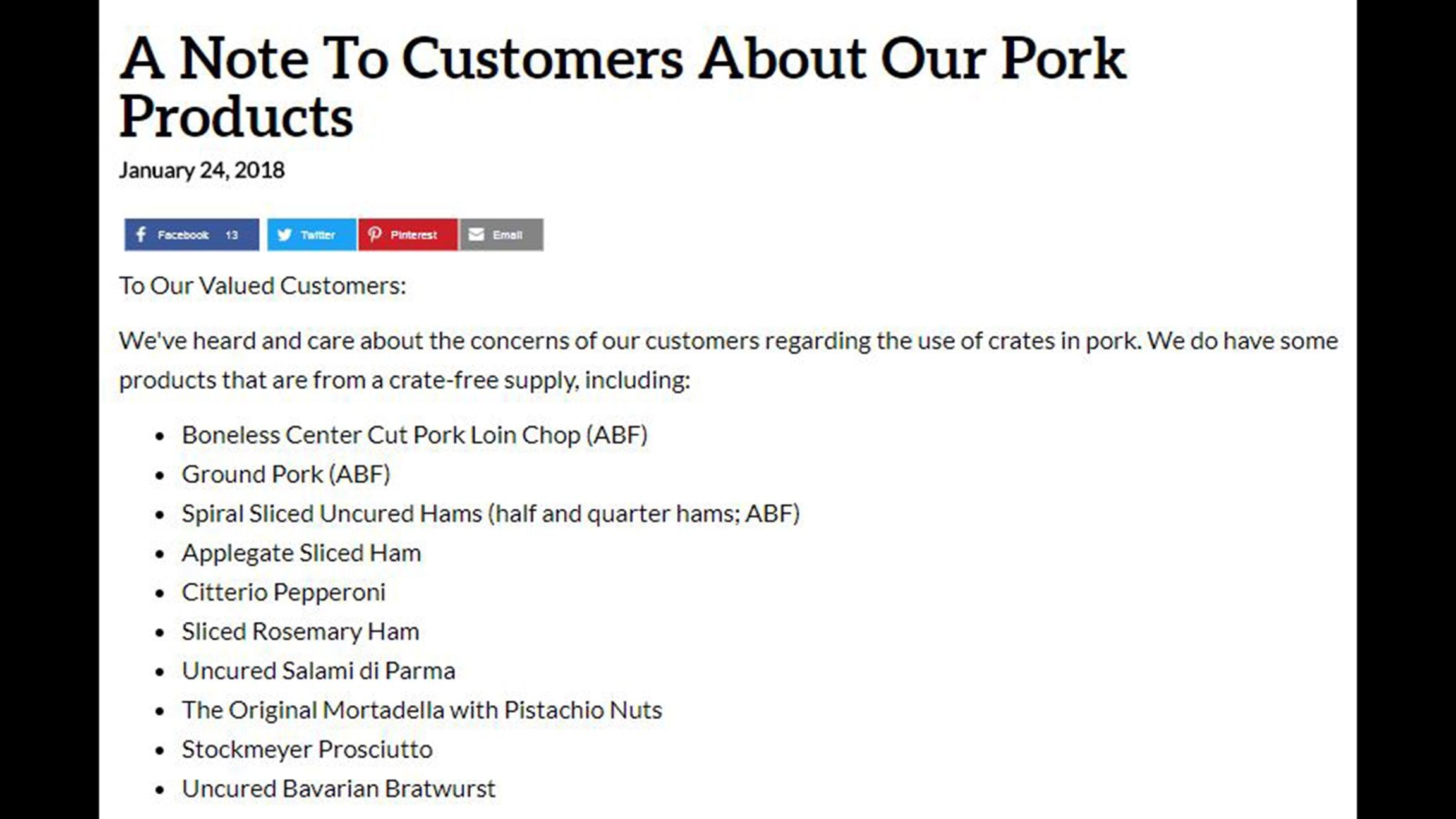 A Jan. 24 post on Trader Joe’s website addresses the use of crates in the company’s pork products. (Trader Joe’s)