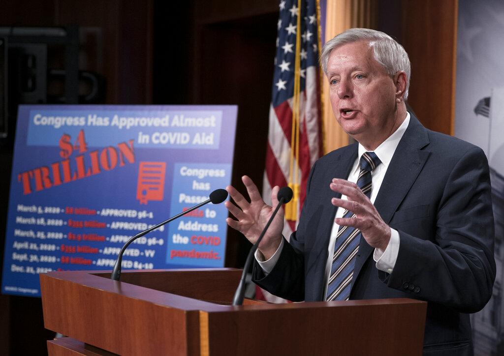 Sen. Lindsey Graham, R-S.C., leads a Republican news conference during a delay in work on the Democrats’ .9 trillion COVID-19 relief bill, at the Capitol in Washington, Friday, March 5, 2021. (AP Photo / J. Scott Applewhite)