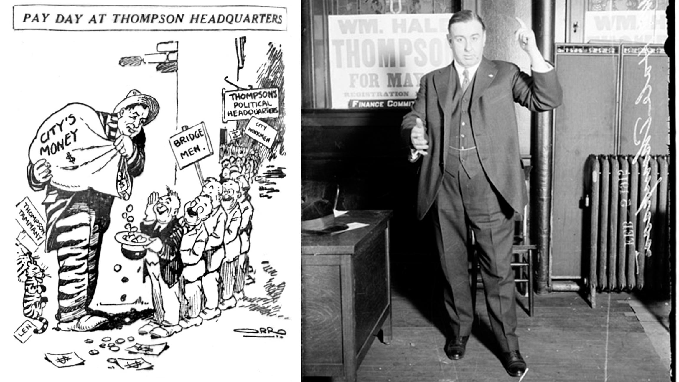 A 1920 political cartoon by David Orro (left) lampoons Chicago Mayor William Hale Thompson (right).