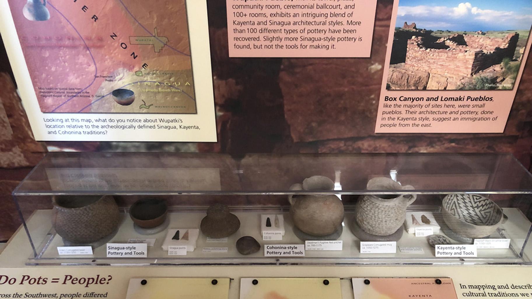 his undated photo provided by the National Park Service shows centuries-old pottery on display at Wupatki National Monument outside Flagstaff, Arizona. The monument and artifacts have been evacuated twice in spring 2022 because of wildfires. (National Park Service via AP)