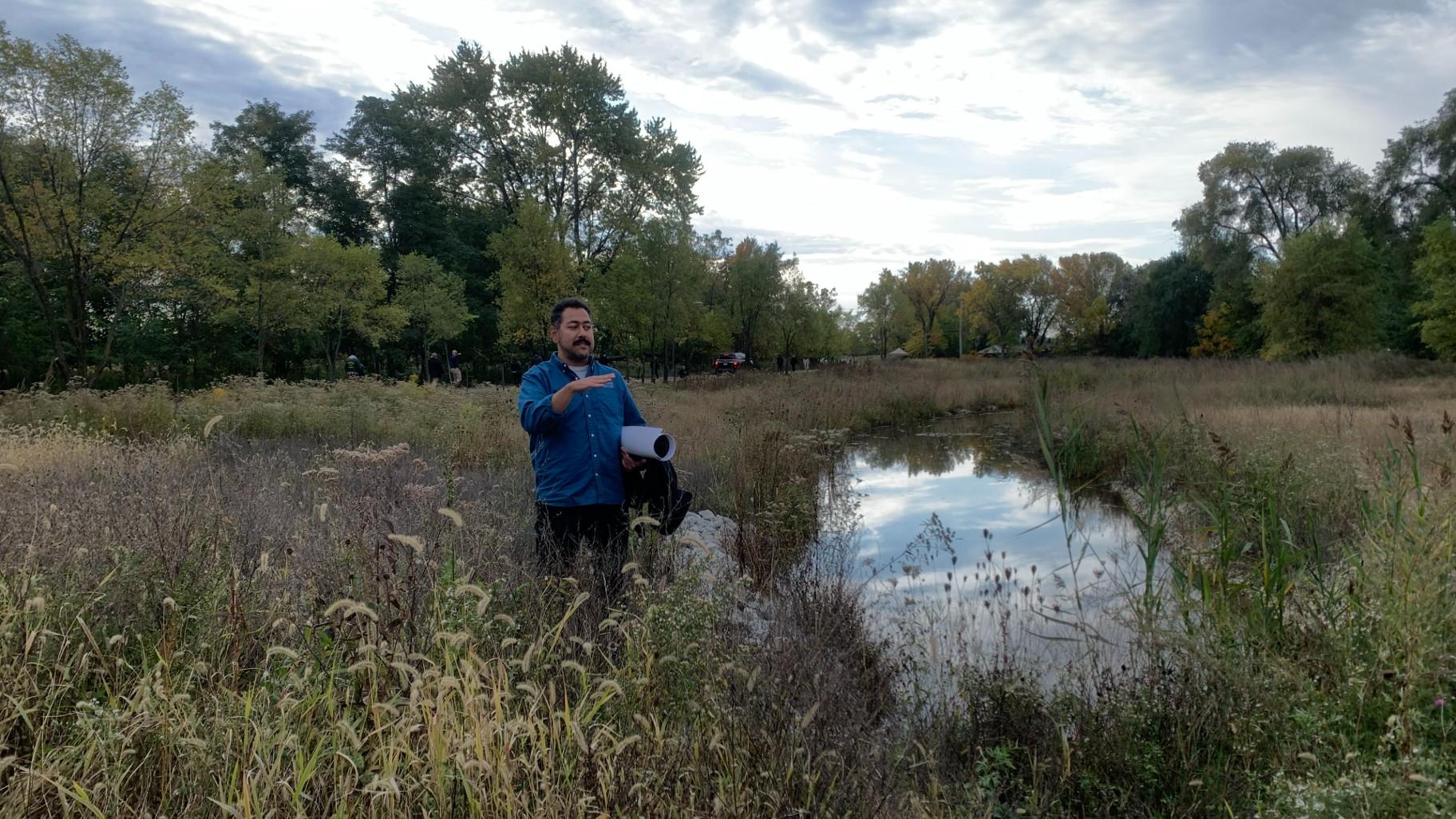 Daniel Suarez, senior conservation manager at Audubon Great Lakes, talks about the habitat restoration project on Oct. 23, 2023. (Eunice Alpasan / WTTW News)