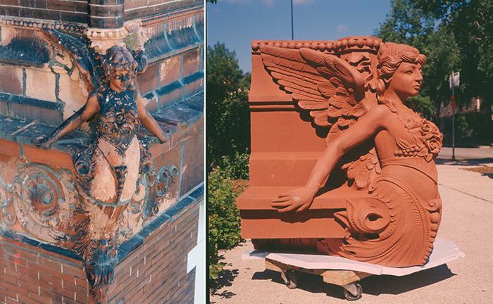 Left: Yates angel before restoration. Right: A new Yates angel. (Bauer Latoza Studio)