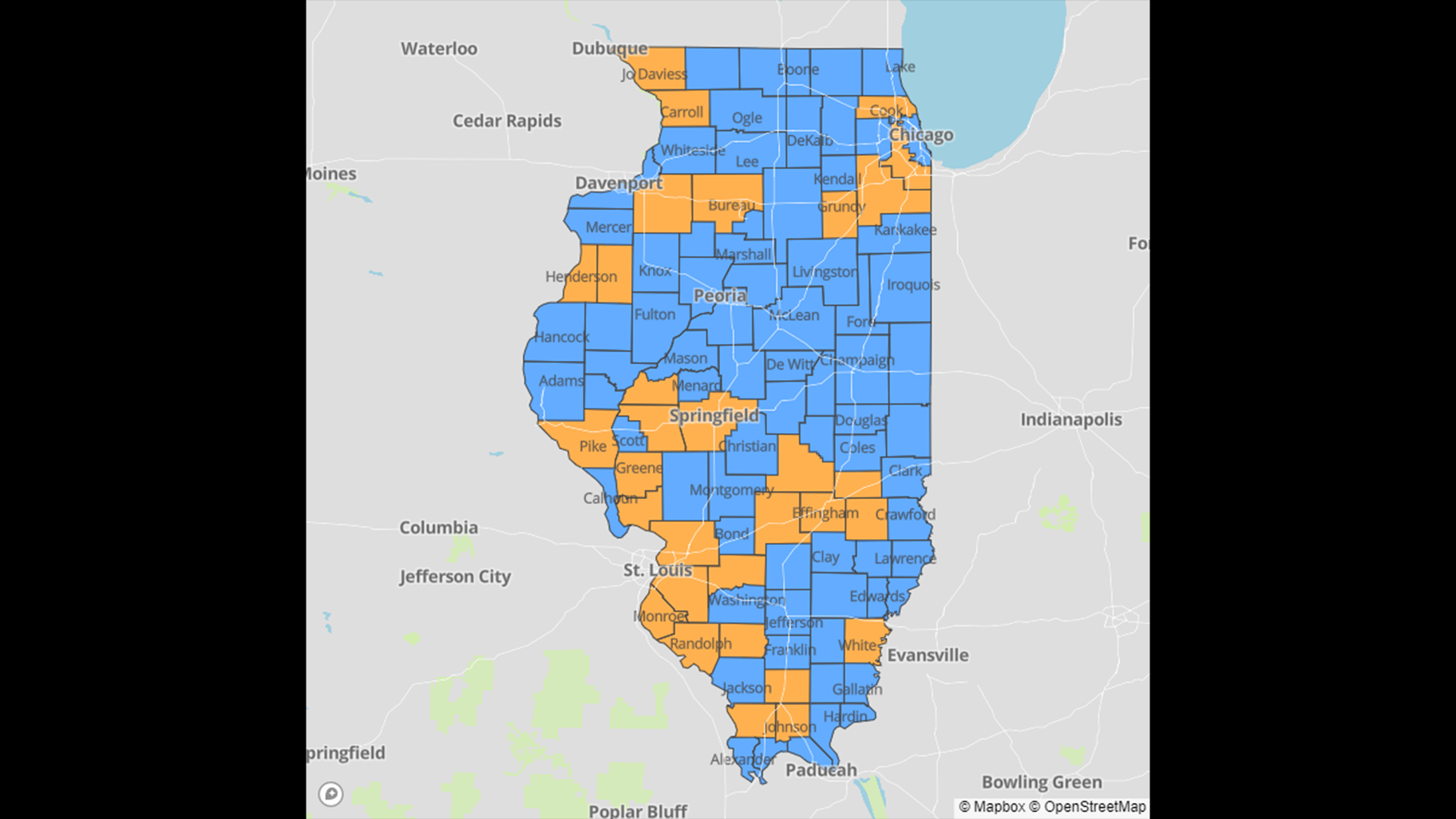 A map shows counties considered to be at a warning level (orange) and counties that are stable (blue). Click to see the IDPH's interactive map.