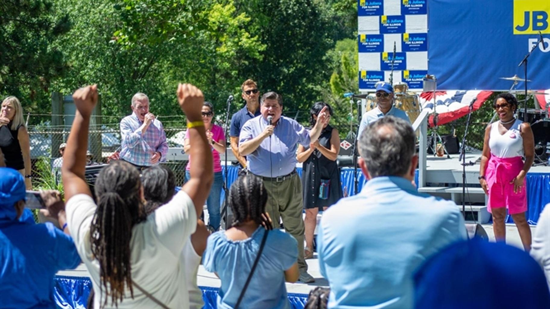 Gov. J.B. Pritzker speaks to the crowd at Governor’s Day at the Illinois State Fair. (Jerry Nowicki / Capitol News Illinois)