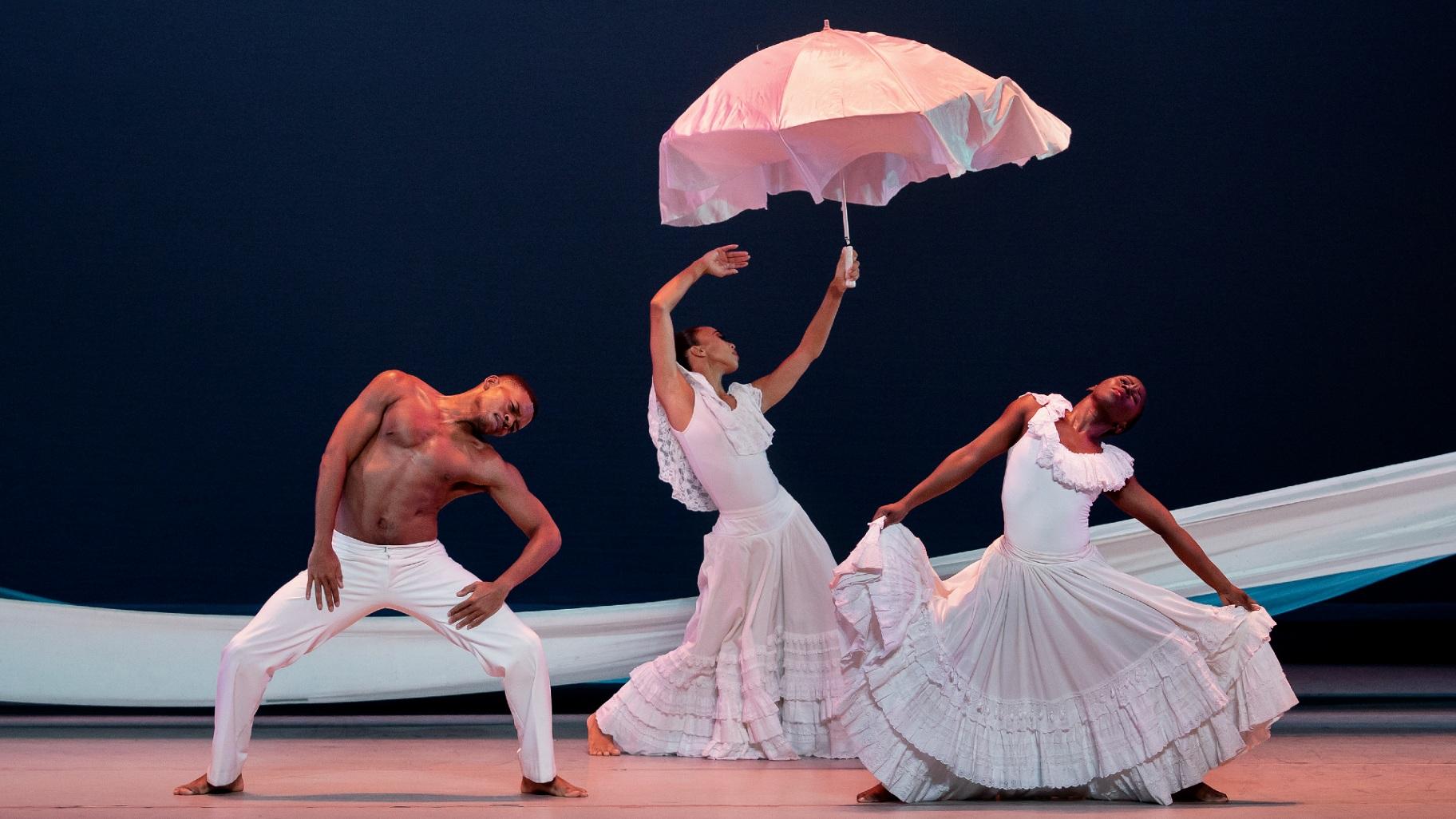 Alvin Ailey American Dance Theater’s Solomon Dumas, Constance Stamatiou and Yazzmeen Laidler in “Revelations,” 2021. (Paul Kolnik)