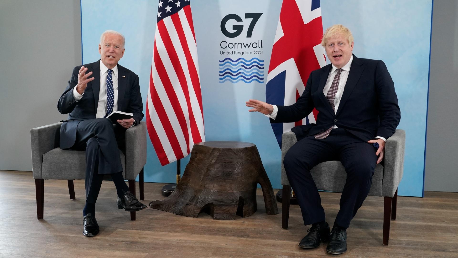 President Joe Biden and British Prime Minister Boris Johnson visit during a bilateral meeting ahead of the G-7 summit, Thursday, June 10, 2021, in Carbis Bay, England. (AP Photo / Patrick Semansky)