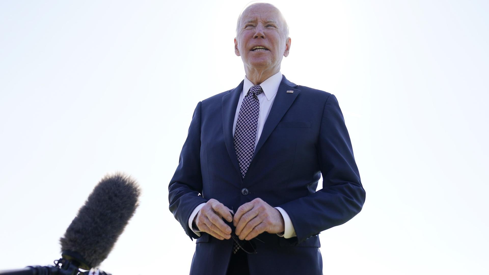 President Joe Biden speaks to the media at Fort Lesley J. McNair, Monday, April 4, 2022, as he returns to Washington and the White House after spending the weekend in Wilmington, Del. (AP Photo/Andrew Harnik)