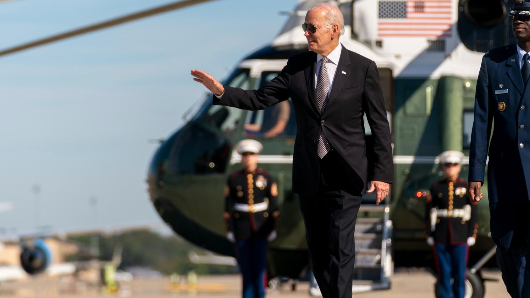 President Joe Biden boards Air Force One at Andrews Air Force Base, Md., Thursday, Oct. 6, 2022, to travel to Poughkeepsie, N.Y. (AP Photo / Andrew Harnik)