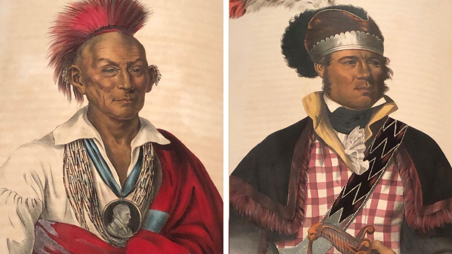 Left: Black Hawk (Sauk). Right: M’intosh (Creek). Both images are on display in “Indigenous Portraits Unbound” at the Newberry Library. (Marc Vitali / WTTW News)