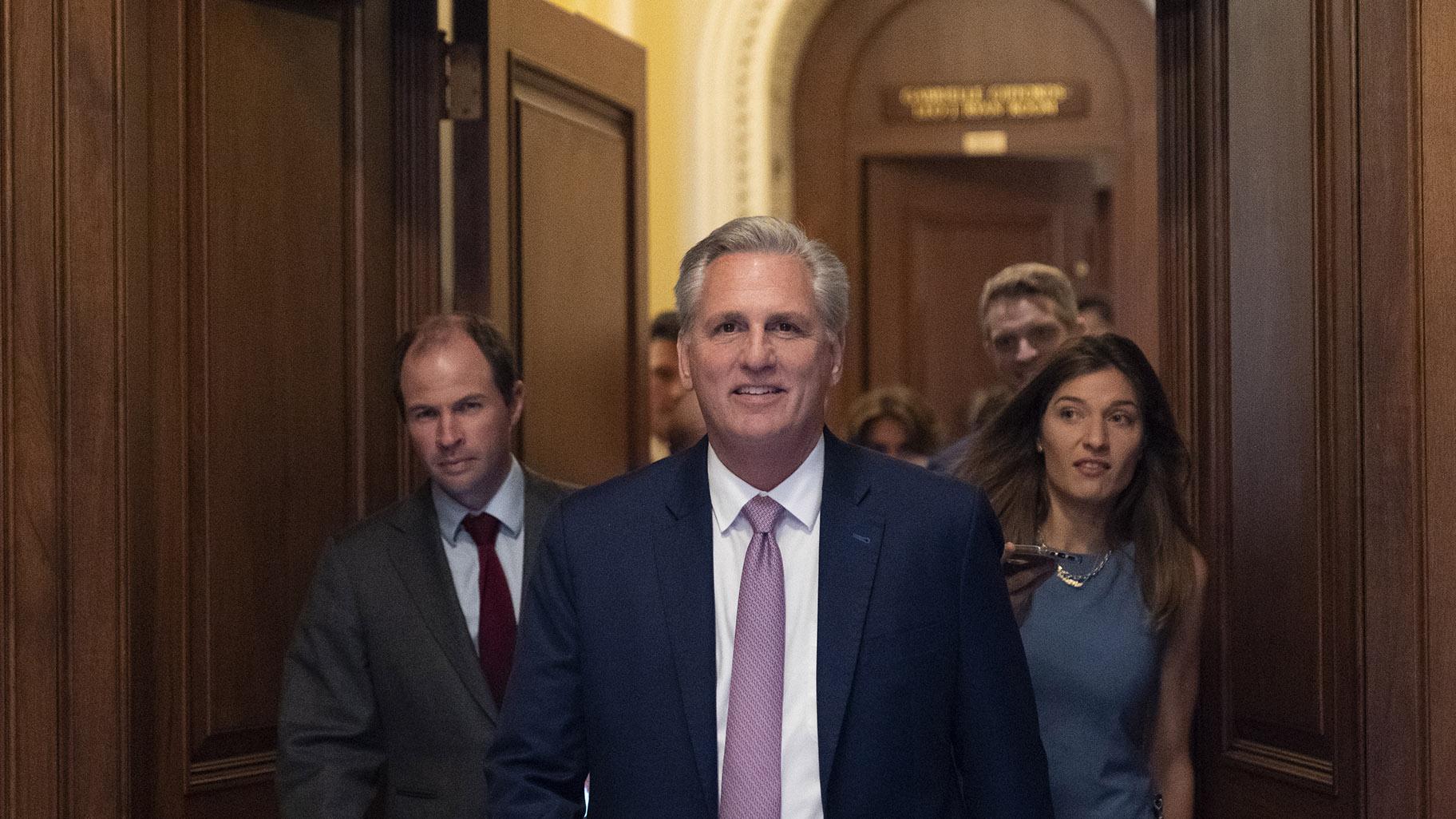 House Minority Leader Kevin McCarthy of Calif., center, leaves the floor after the House voted to create a select committee to investigate the Jan. 6 insurrection, at the Capitol in Washington, Wednesday, June 30, 2021. (AP Photo / Alex Brandon)
