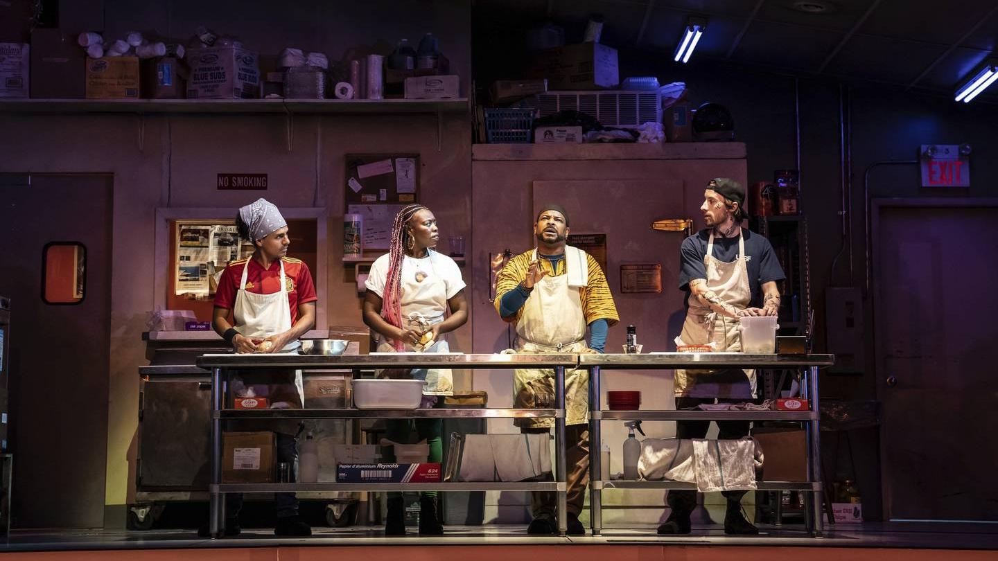 From left, Reza Salazar as Rafael, Nedra Snipes as Letitia, Kevin Kenerly as Montrellous and Garrett Young as Jason in “Clyde’s” at the Goodman Theatre. (Credit: Liz Lauren)