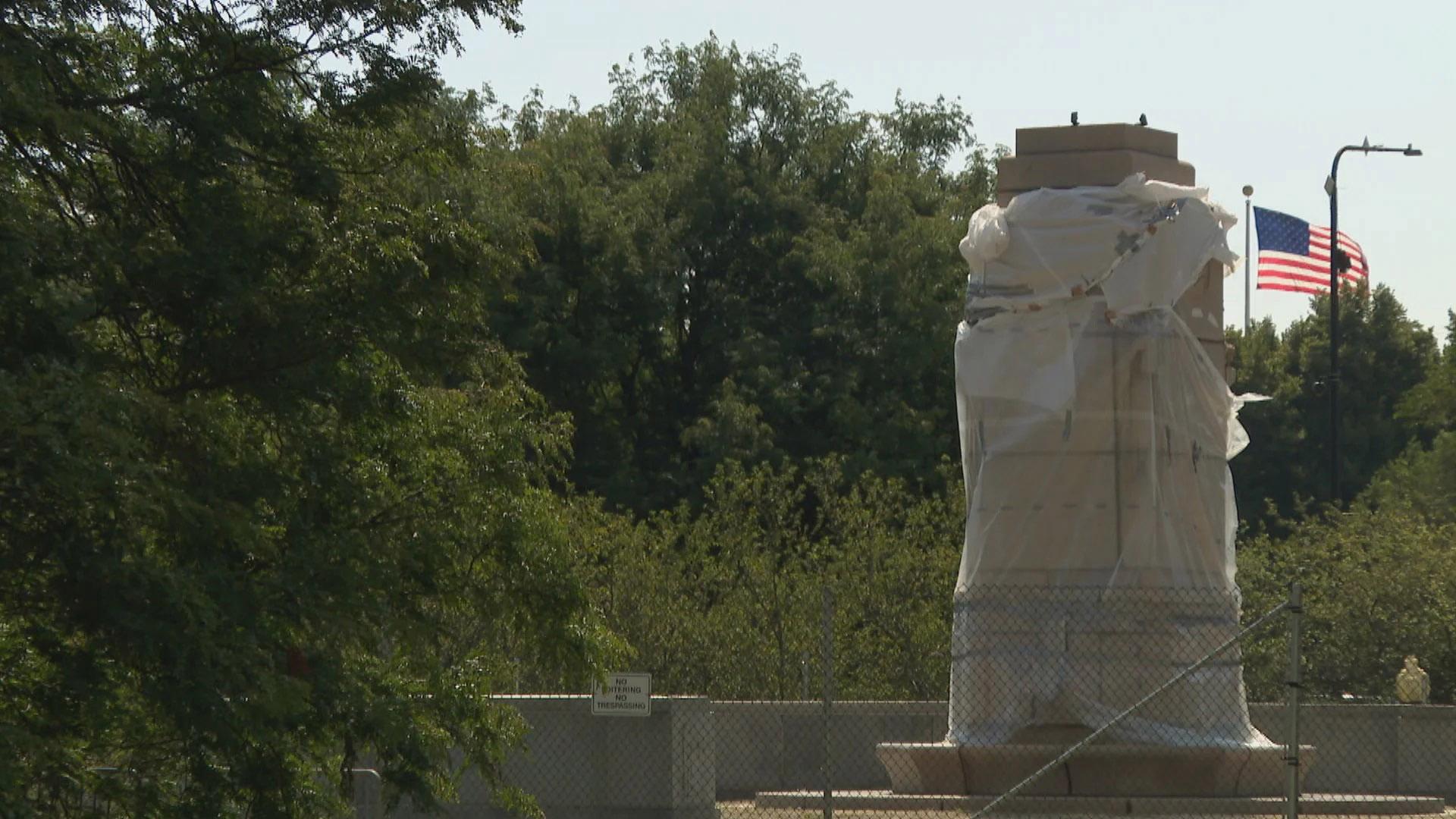 An empty pedestal in Grant Park in July 2020, where a statue of Christopher Columbus stood. (WTTW News)