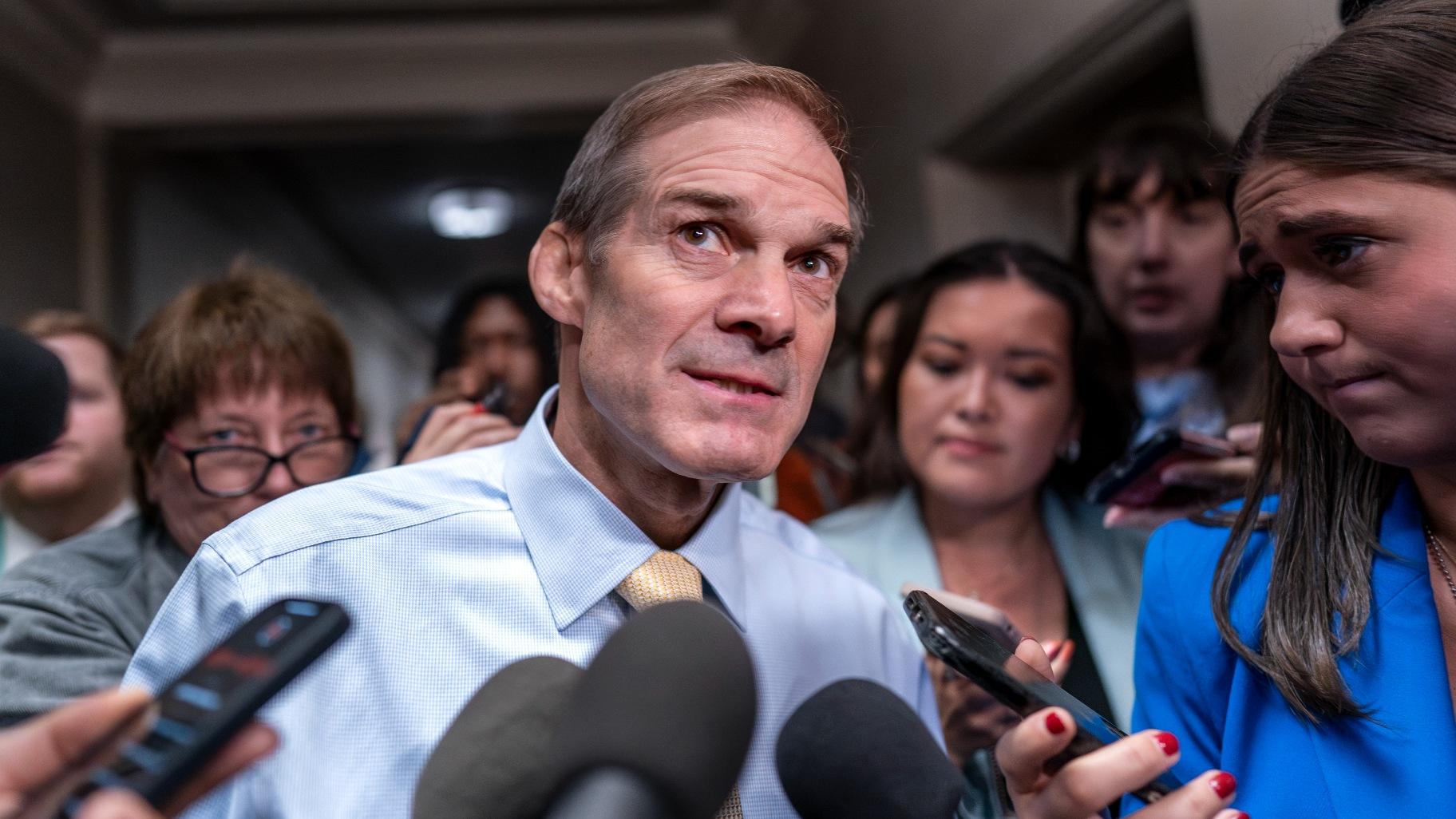 Rep. Jim Jordan, R-Ohio, chairman of the House Judiciary Committee and a staunch ally of former President Donald Trump, talks with reporters at the Capitol in Washington, Friday, Oct. 13, 2023. (AP Photo / J. Scott Applewhite, File)