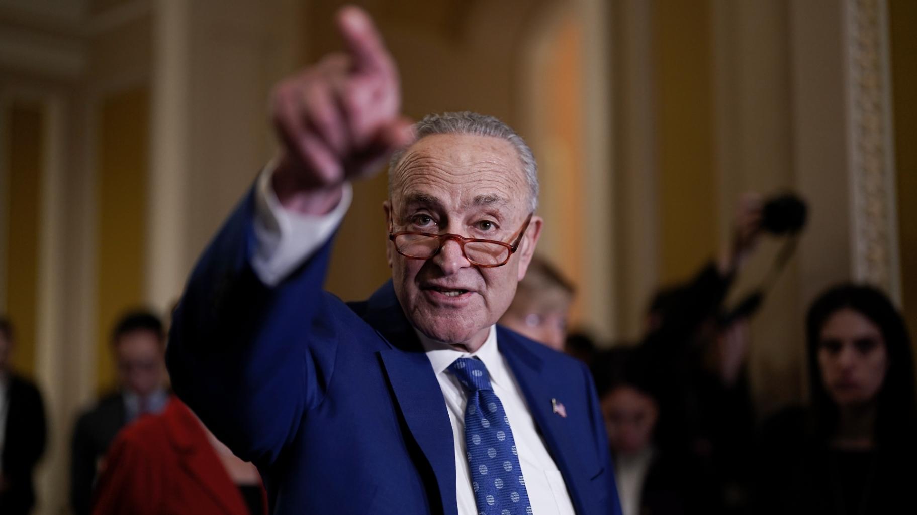 Senate Majority Leader Chuck Schumer, D-N.Y., speaks to reporters following a closed-door policy meeting on the Democrats' lame duck agenda, at the Capitol in Washington, Tuesday, Nov. 15, 2022. (AP Photo / J. Scott Applewhite)