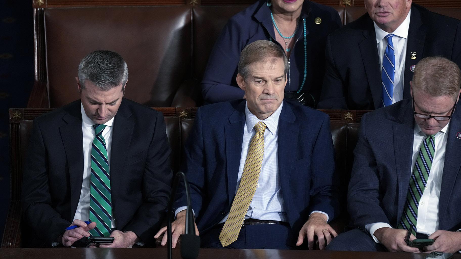 Rep. Jim Jordan, R-Ohio, center, and others, look on as the vote is counted for a third ballot to elect a speaker of the House, at the Capitol in Washington, Friday, Oct. 20, 2023. (AP Photo / J. Scott Applewhite)