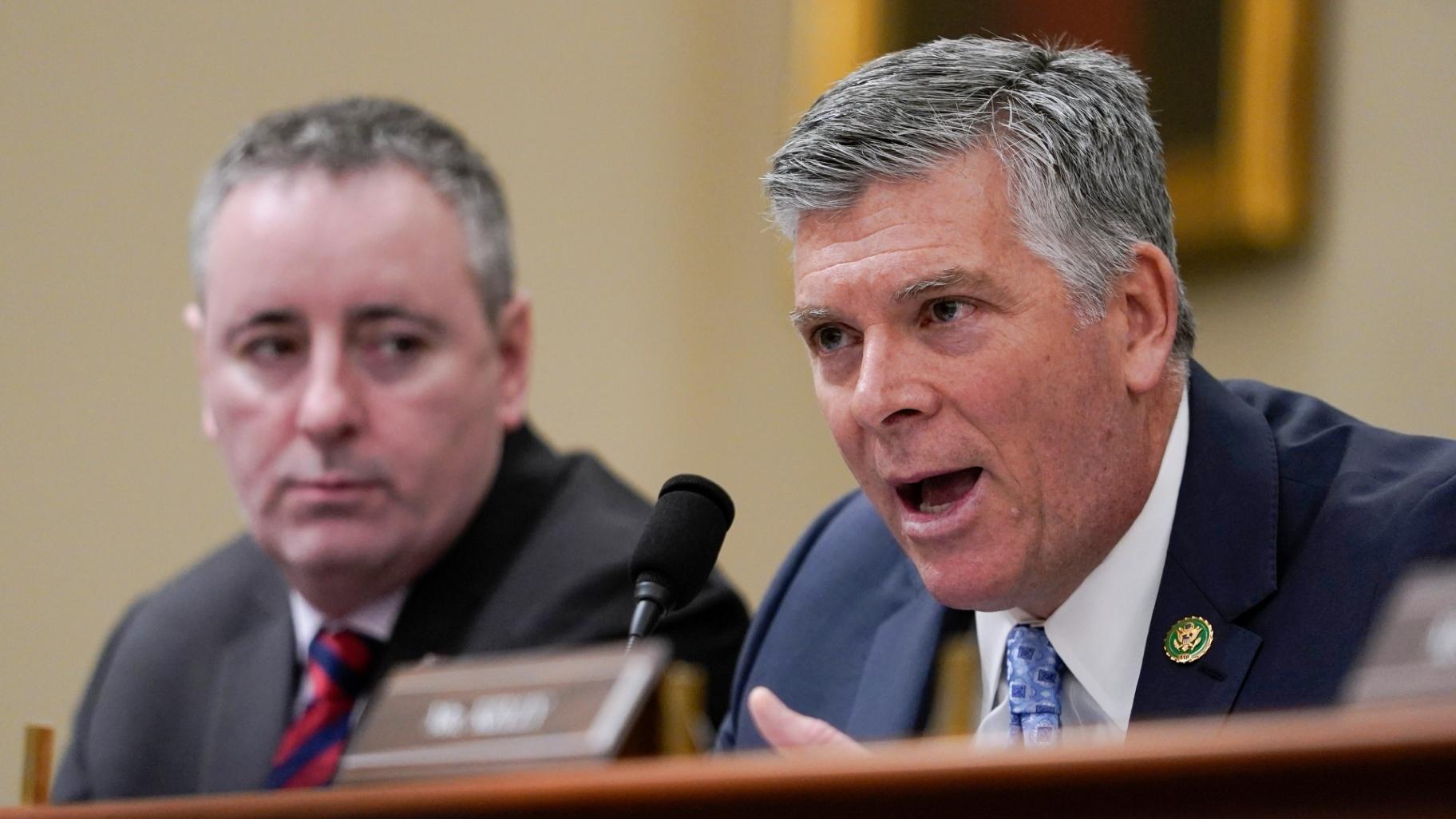 Rep. Darin LaHood, R-Ill., speaks during the House Select Committee on Intelligence annual open hearing on worldwide threats at the Capitol in Washington, Thursday, March 9, 2023. Rep. Brian Fitzpatrick, R-Pa., is left. (AP Photo / Carolyn Kaster)