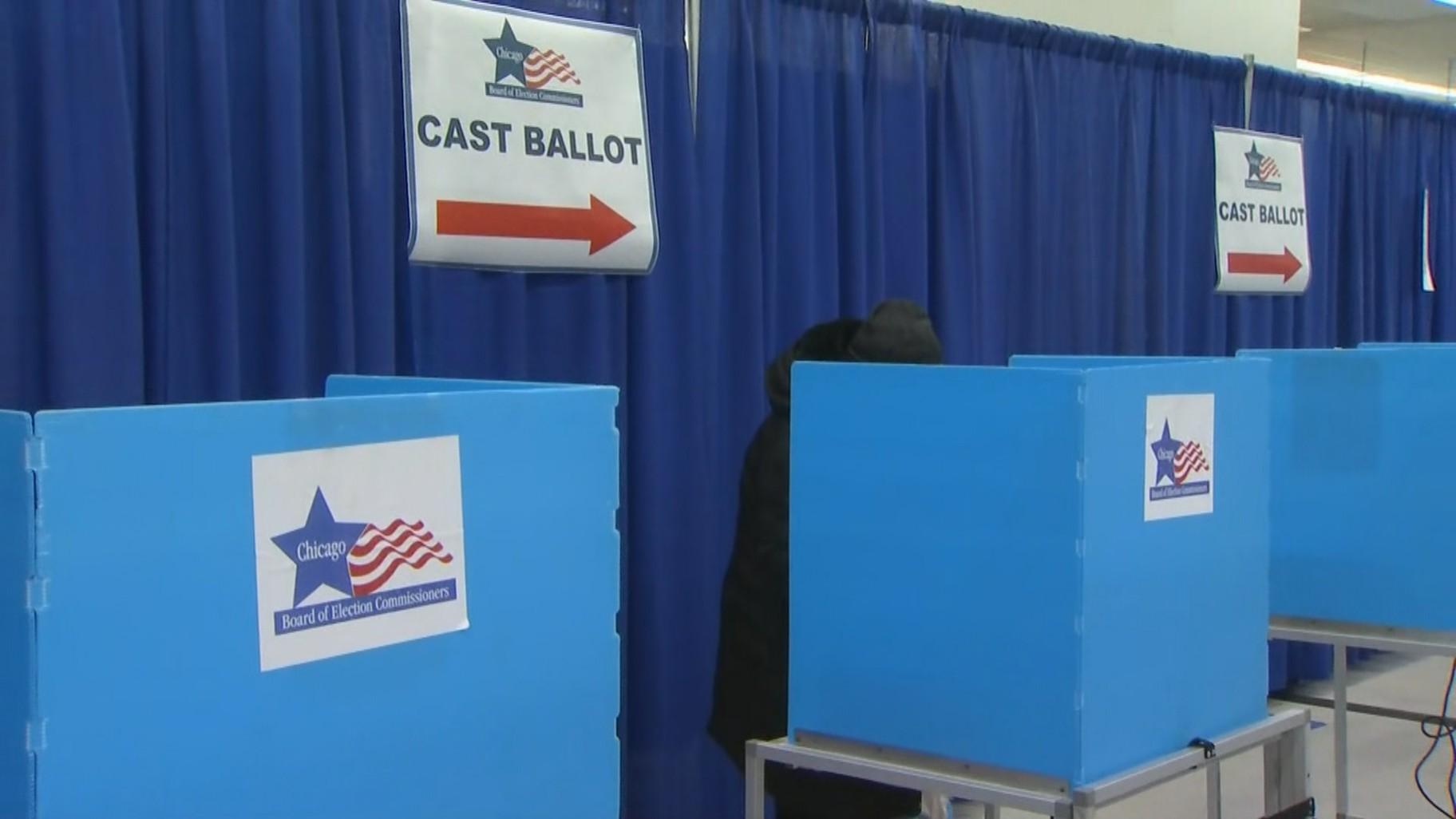 Early voter in a voting booth at the Chicago Board of Elections Loop Supersite at 191 N. Clark St. on Feb. 15. (WTTW News)