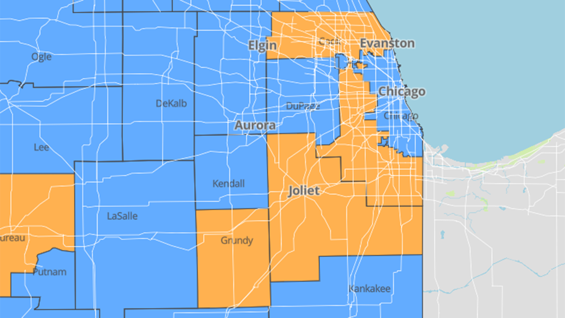 An IDPH map shows counties considered to be at a warning level for COVID-19 (orange) and counties that are stable (blue). Note that Chicago and suburban Cook are each considered a separate “county” by health officials tracking the virus. Click the image to see the full interactive map.