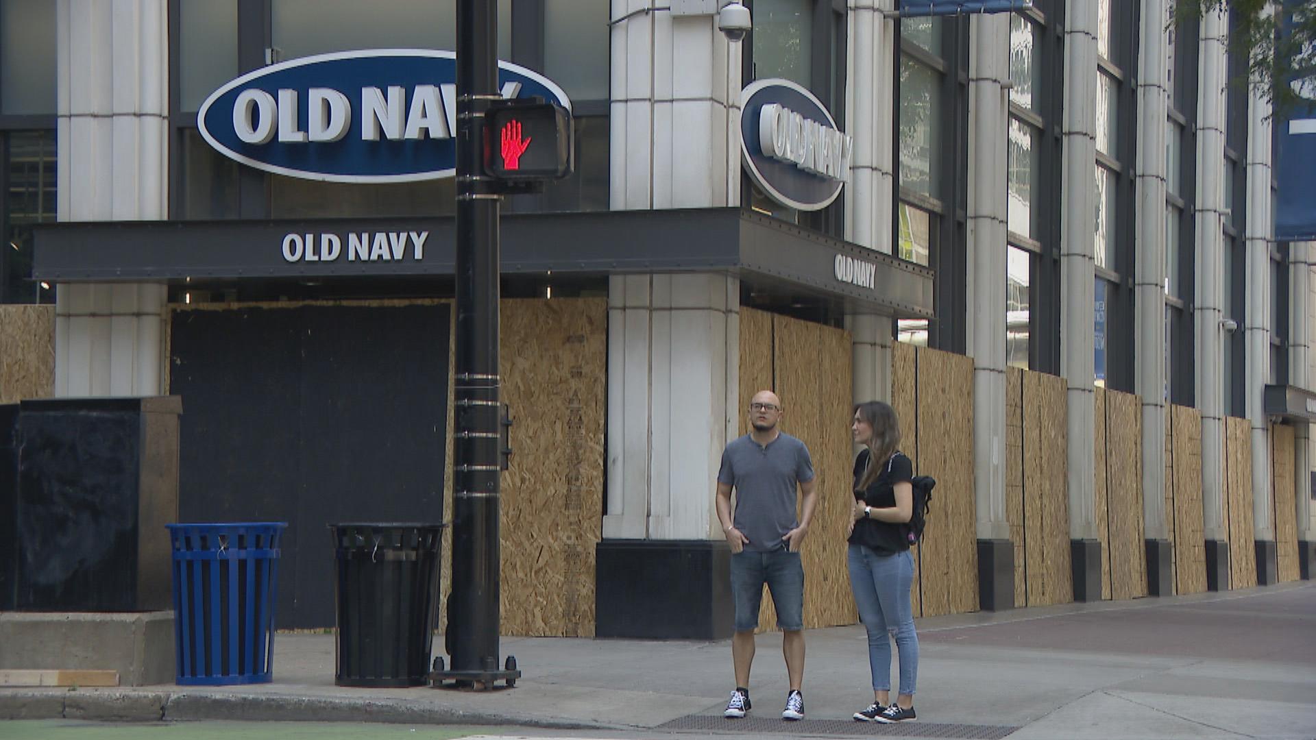 An Old Navy store in downtown Chicago is boarded up Monday, Aug. 10, 2020 after a night of looting and unrest. The city will restrict access to downtown streets Monday night. (WTTW News)