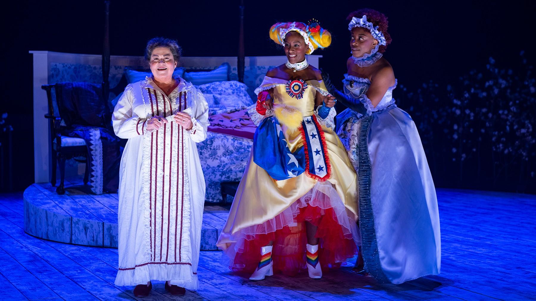 From left, Cindy Gold, Celeste M. Cooper and Sydney Charles in Steppenwolf Theatre’s “The Most Spectacularly Lamentable Trial of Miz Martha Washington” by James Ijames. (Credit: Michael Brosilow)