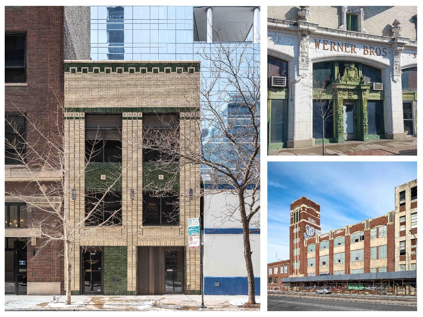 The Warehouse (l), Werner Brothers Storage Building and Continental Can Company Building are all the 2023 list of Preservation Chicago's Most Endangered buildings. (Credits: Serhii Chrucky, Ward Miller, Serhii Chrucky / Preservation Chicago)