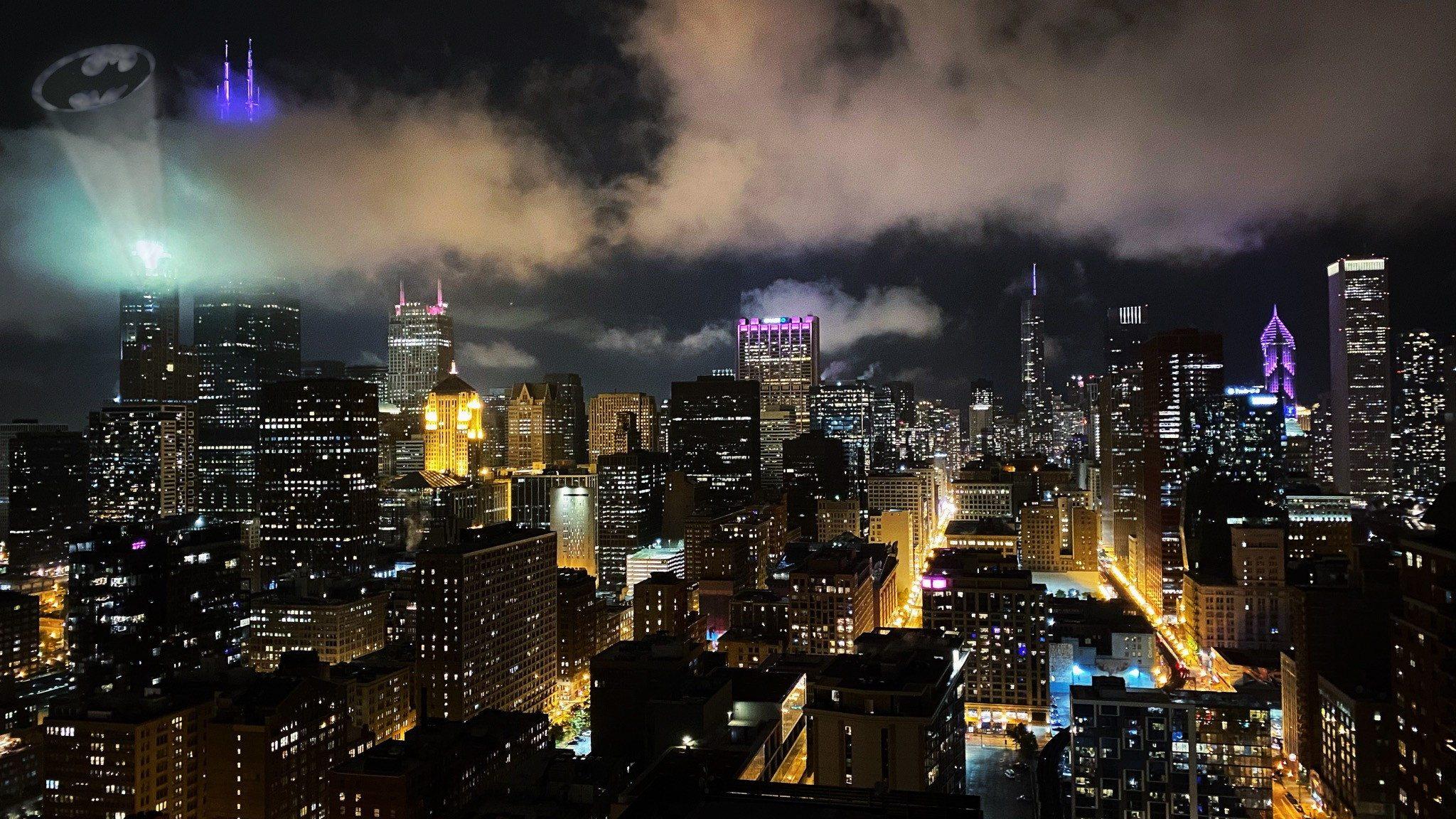 The iconic bat signal seen above the city skyline as “The Batman” films in Chicago. (Photo submitted by Nick Murphy)
