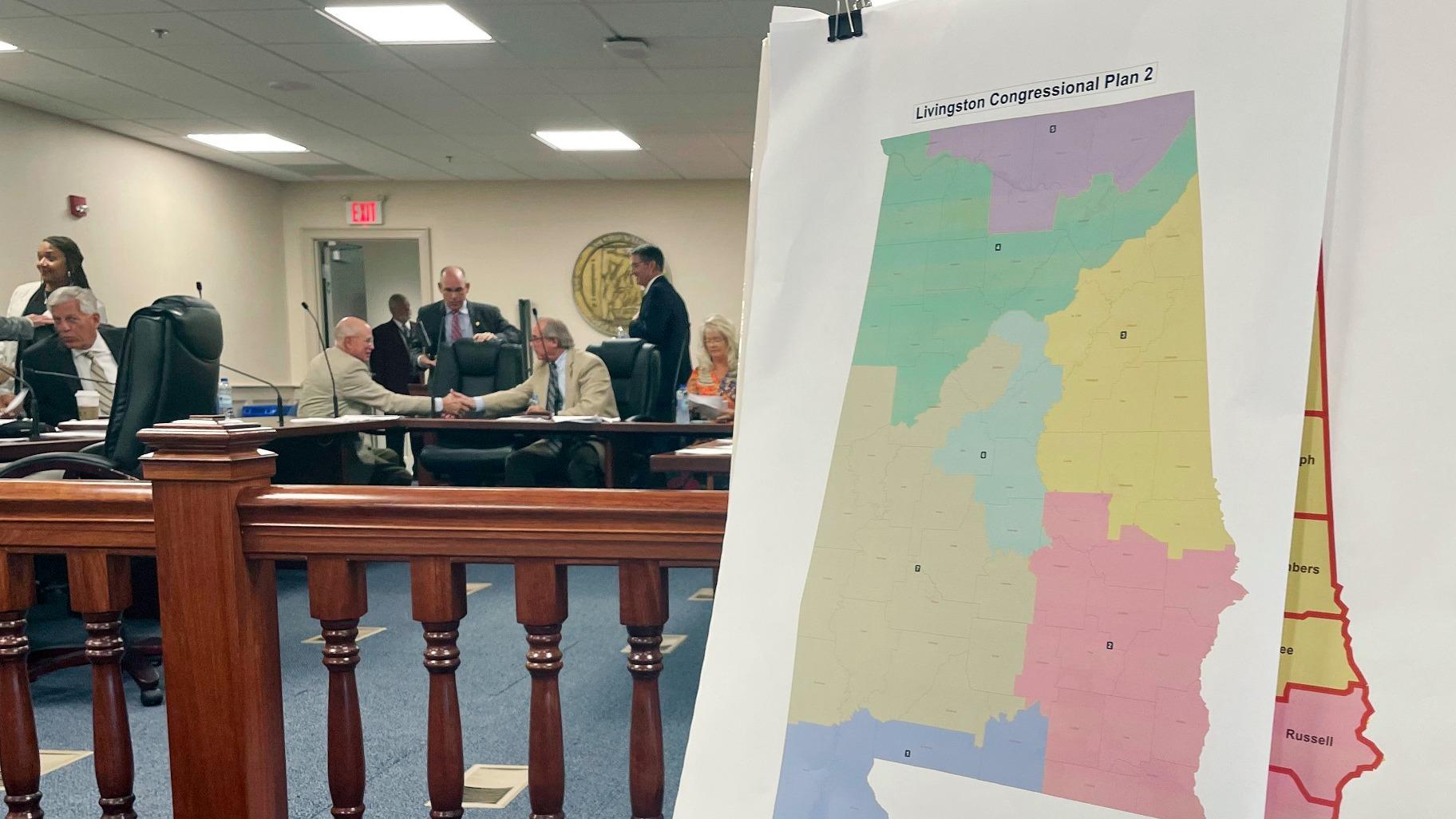 A map of a GOP proposal to redraw Alabama's congressional districts is displayed at the Alabama Statehouse in Montgomery, Ala., Tuesday, July 18, 2023. (AP Photo / Kim Chandler, File)