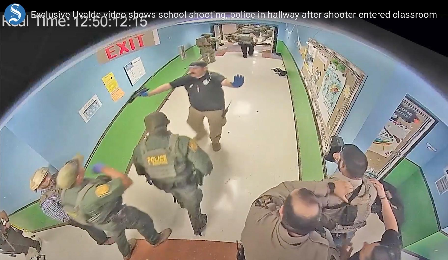 In this photo from surveillance video provided by the Uvalde Consolidated Independent School District via the Austin American-Statesman, authorities respond to the shooting at Robb Elementary School in Uvalde, Texas, on May 24, 2022. (Uvalde Consolidated Independent School District/Austin American-Statesman via AP, File)