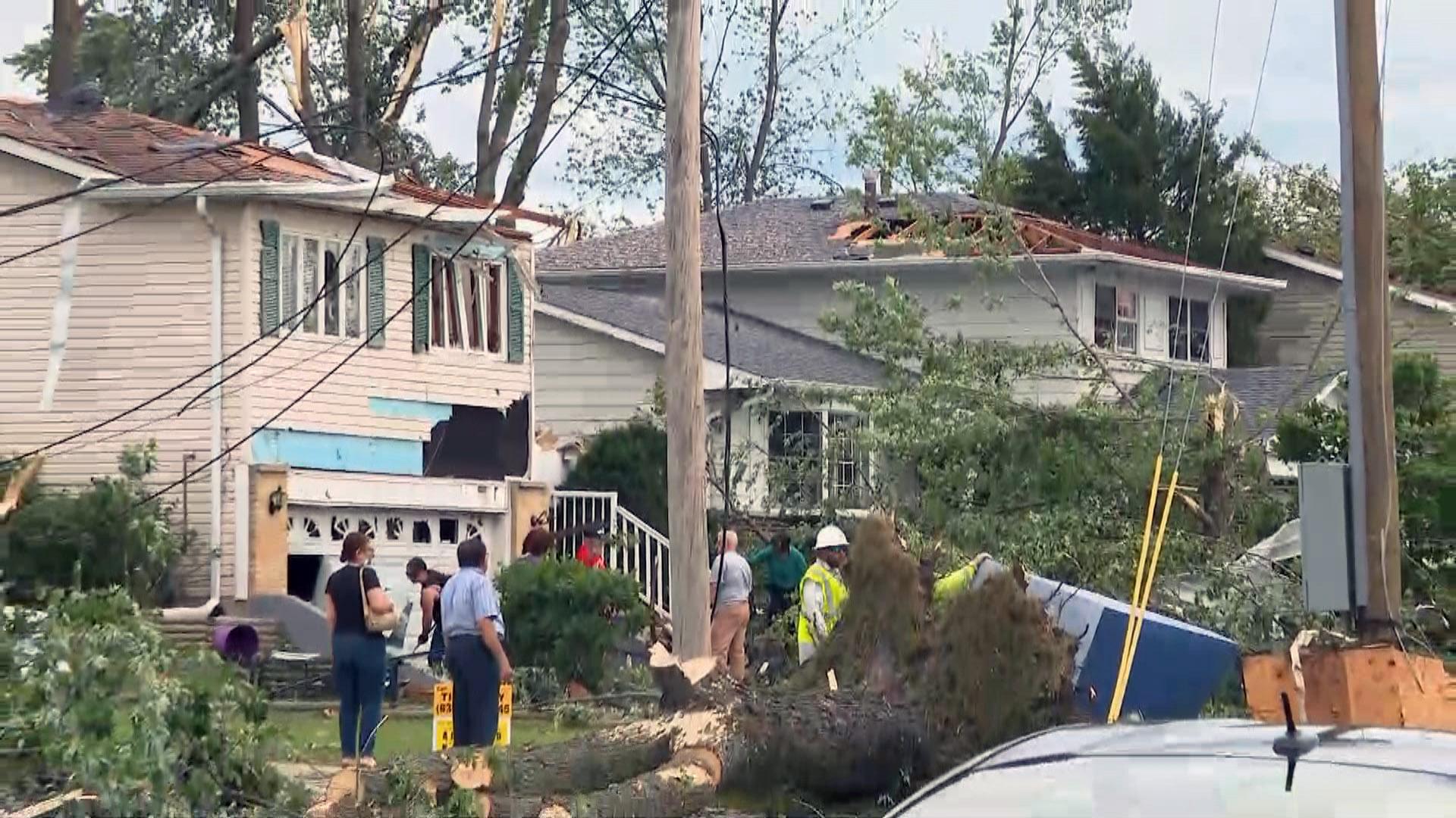 Cleanup efforts are underway Monday, June 21, 2021 in suburban Woodridge following a tornado and severe storms Sunday night. (WTTW News)