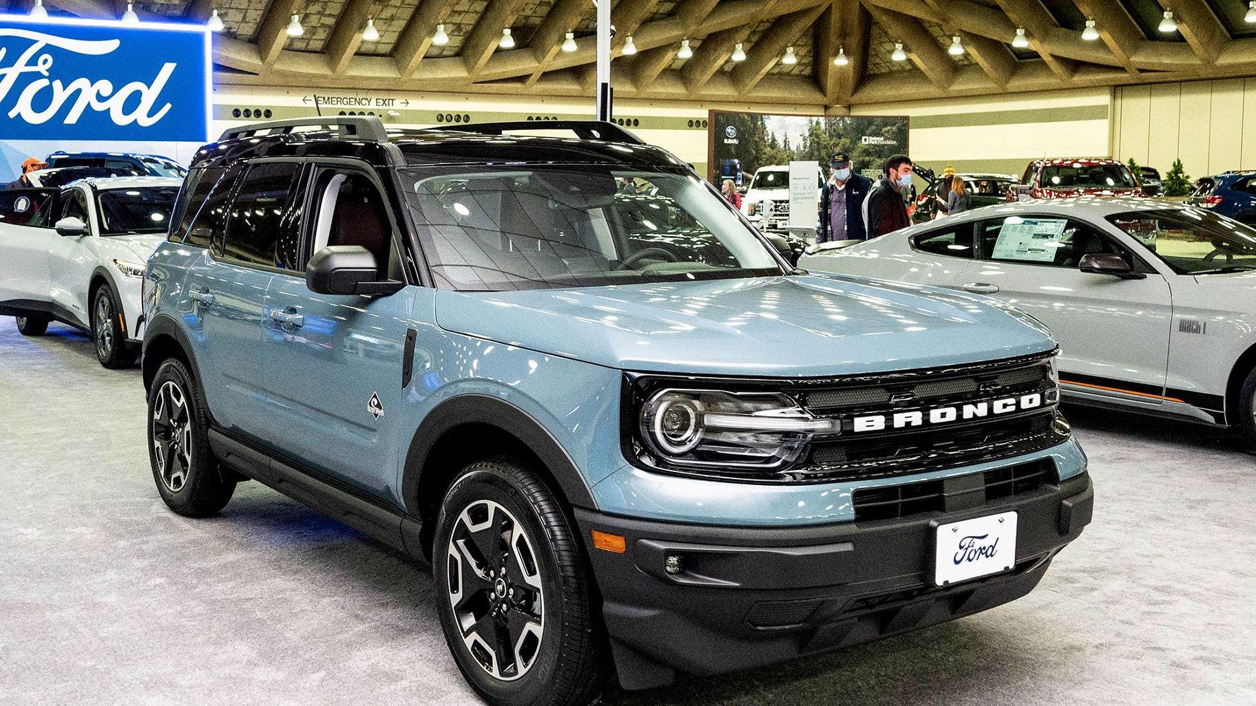 A 2022 Ford Bronco Sport is displayed at the 2022 Maryland Auto Show. (Michael Brochstein / SOPA Images / Shutterstock via CNN Newsource)