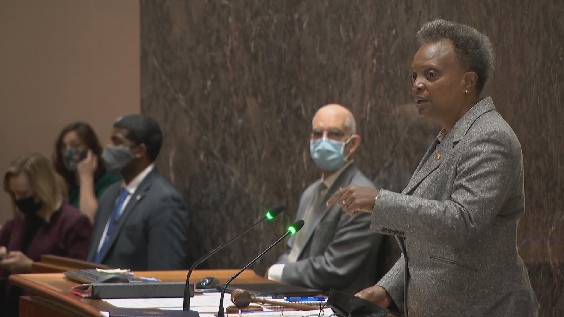 Mayor Lori Lightfoot speaks Monday, Oct. 25, 2021 at the Chicago City Council meeting. (WTTW News)