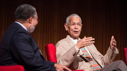 Julian Bond, right, discusses civil rights with Lonnie G. Burch at the LBJ Presidential Library. (LBJ Foundation / Flickr) 