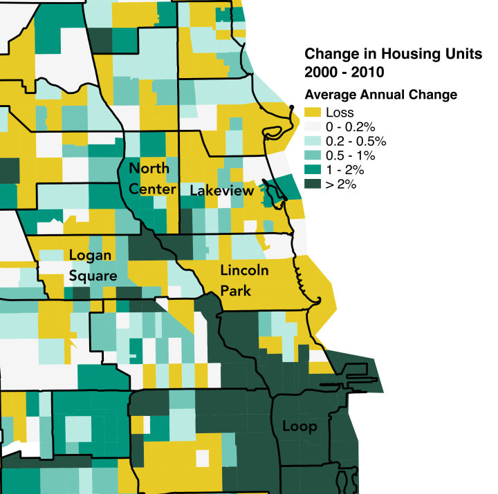 See how the number of housing units has changed in select Chicago neighborhoods from 2000-2010. (Click to see a larger image)